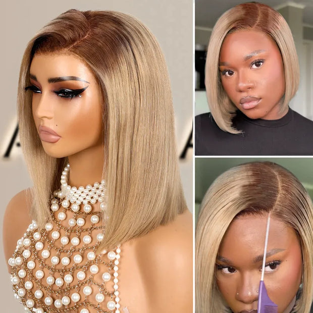 Straight Bob Ash Blonde with Dark Root 13x4 Transparent Lace Frontal Ready to Go Glueless Wig