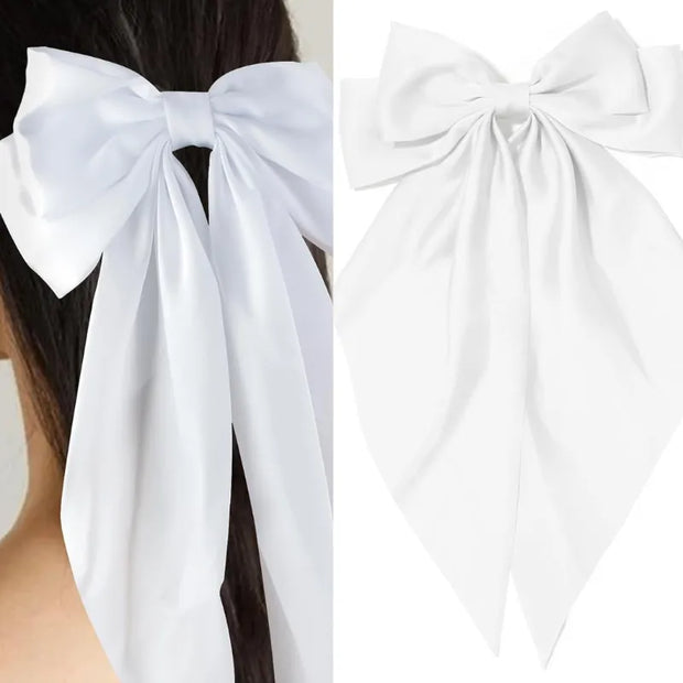 Ashimary White Super Big Bow Hair Clips Knotted Bowknot Spring Snap Barrettes Hair Clips with Long Ribbon