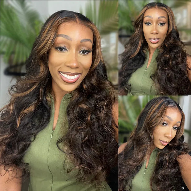 Brown Highlight Skin Lace Wigs Ashimary Body Wave 