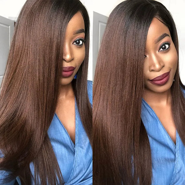 Yaki Straight 13x6 Full Lace Frontal Black to Brown Ombre Human Hair Wig Parting Max Glueless Wig