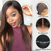 Yaki Straight 13x6 Full Lace Frontal Black to Brown Ombre Human Hair Wig Parting Max Glueless Wig