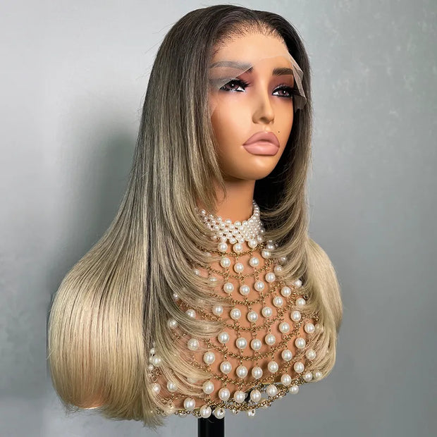 Straight Blonde Balayage with Dark Roots 13x4 Transparent Lace Frontal Clean Bleached & Pre-Plucked Wig Customized Color for Black Women