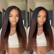 Black to Brown Ombre Kinky Straight 360 Skin Lace Frontal Invisi Strap Pre Everything Glueless Long Wig