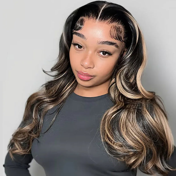 Ashimary Honey Blonde Highlights on Black Hair 13x6 Full Lace Frontal Pre Everything Glueless Human Hair Wig