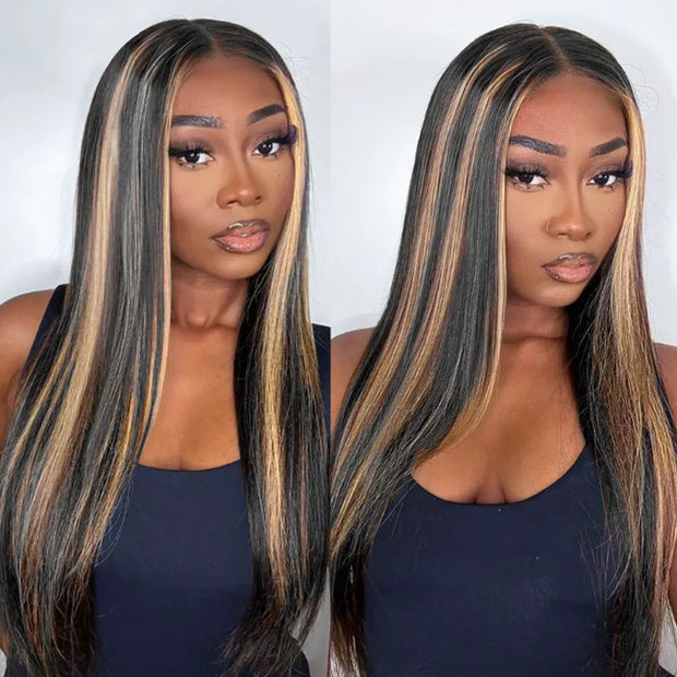 Ashimary Honey Blonde Highlights on Black Hair 13x6 Full Lace Frontal Pre Everything Glueless Human Hair Wig