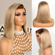 Straight Bob Ash Blonde with Dark Root 13x4 Transparent Lace Frontal Ready to Go Glueless Wig