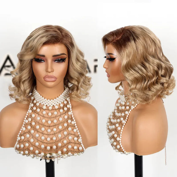 Straight Bob Ash Blonde with Dark Root 13x4 Transparent Lace Frontal Ready to Go Glueless Wig