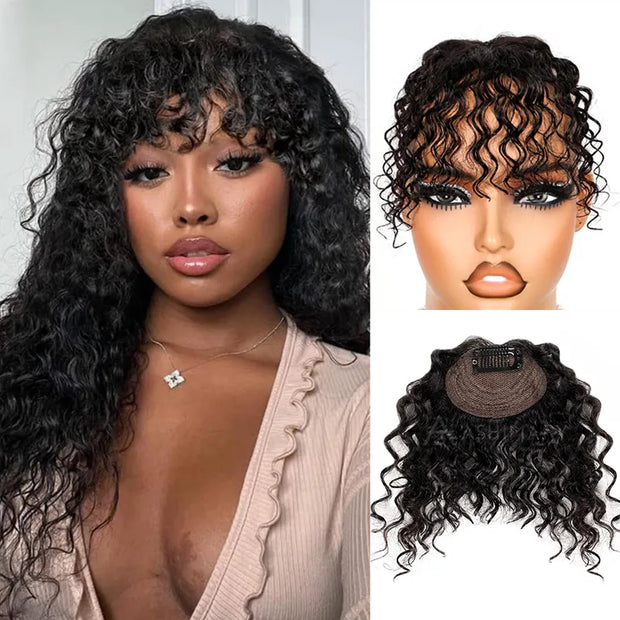 Curly Bangs Clip In Bang with Temples Hand-Tied Melt Lace