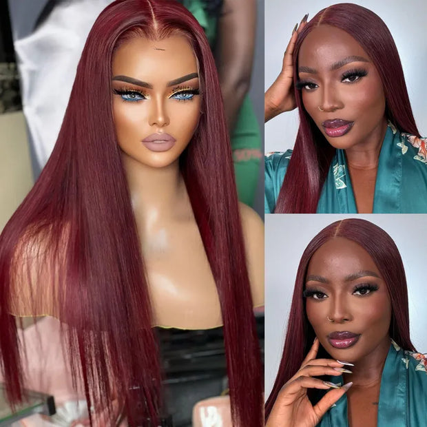 Dark 99J Burgundy Straight 4x4 5x5 6x6 Glueless Lace Closure Wig