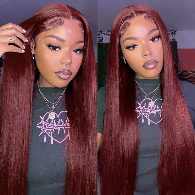 Dark 99J Burgundy Straight 4x4 5x5 6x6 Glueless Lace Closure Wig