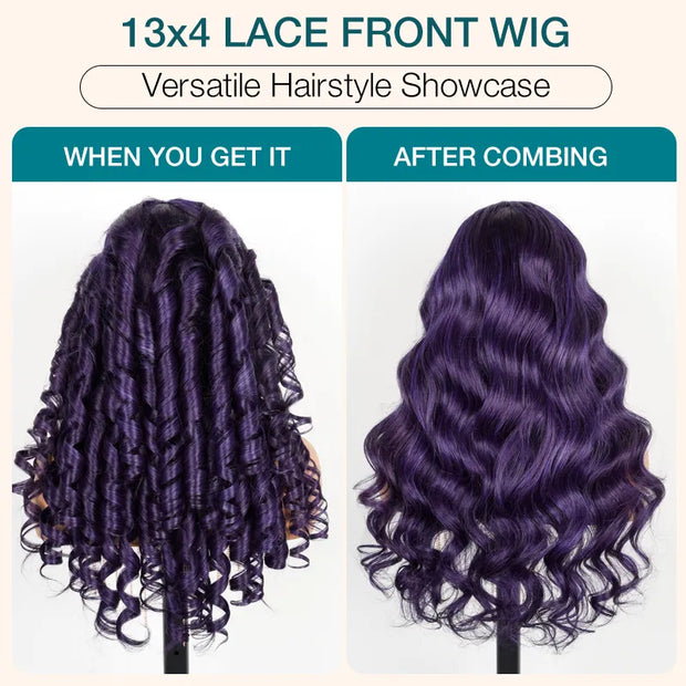 Dark Purple 3D Body Wave 13x4 Transparent Lace Frontal Wig Pre Plucked & Pre curled Human Hair Wig