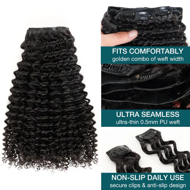 Kinky Curly Seamless Clip-in Hair Extensions No Glue Needed Beginner Friendly Real Human Hair Extensions 14 Inch