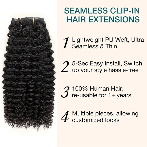 Kinky Curly Seamless Clip-in Hair Extensions No Glue Needed Beginner Friendly Real Human Hair Extensions 14 Inch