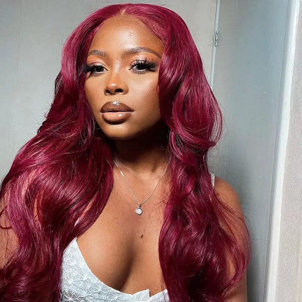 Flash Sale 99J Burgundy 13x4 / 13x6 Transparent Lace Frontal Parting Max Body Wave Human Hair Wig