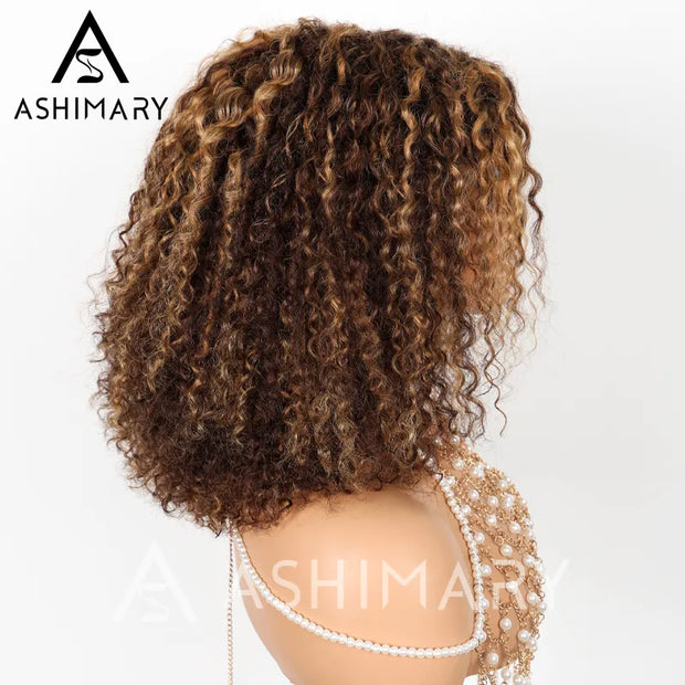 Highlight Color Pixie Curly Bob Ombre Honey Brown 5x5 Lace Closure Trendy Bouncy Curly Wig