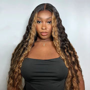 Honey Blonde Highlight with Skunk Stripe 13x4 Lace Frontal Volumized Loose Wave Human Hair Wig