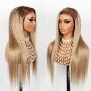 Ash Blonde Dark Root Straight 13x4 Transparent Lace Frontal Every Day Wear Pre Plucked Human Hair Wig