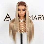 Ash Blonde Dark Root Straight 13x4 Transparent Lace Frontal Every Day Wear Pre Plucked Human Hair Wig