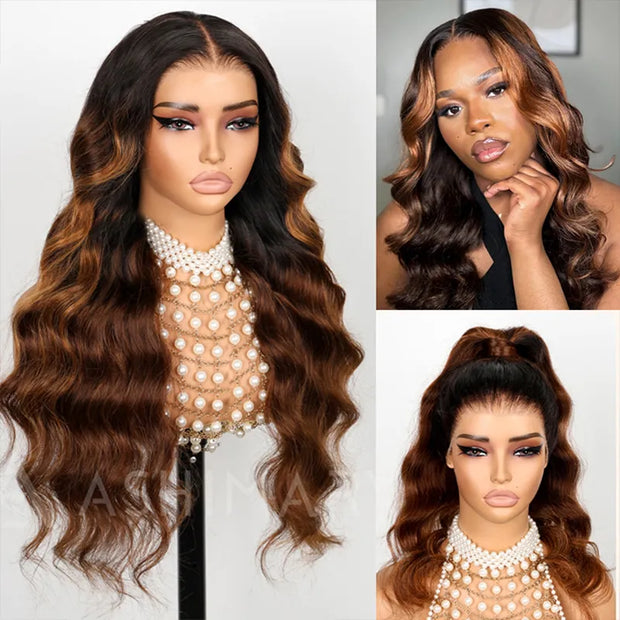 New Black Ombre Brown Highlight 3D Body Wave 360 Lace Frontal with Invisi-Strap Pre Bleached & Pucked Human Hair Wig