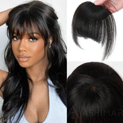 Ashimary Hand-Tied Skin Lace Natural Black Straight Clip In Fake Bangs with Temples Human Hair Extension