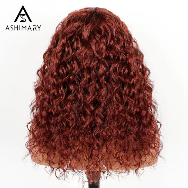 Reddish Brown Curly Wig with Full Bangs Machine Made Cost-effective Human Hair Wig 250% Density