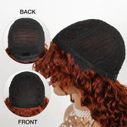 Reddish Brown Curly Wig with Full Bangs Machine Made Cost-effective Human Hair Wig 250% Density