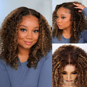 Highlight Color Pixie Curly Bob Ombre Honey Brown 5x5 Lace Closure Trendy Bouncy Curly Wig