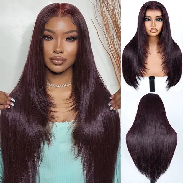 Dark Plum Color Straight Glueless Invisi Strap 360 Lace Frontal Wigs Tight & Neat