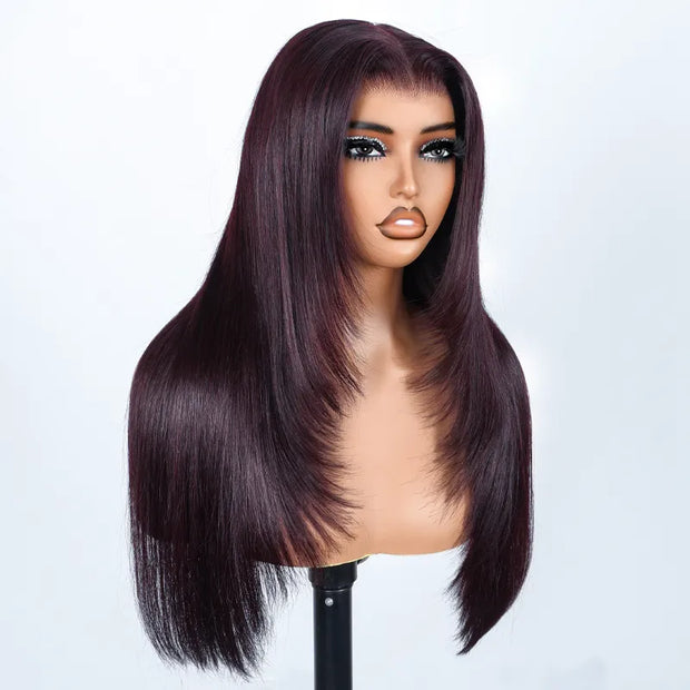 Dark Plum Color Straight Glueless Invisi Strap 360 Lace Frontal Wigs Tight & Neat