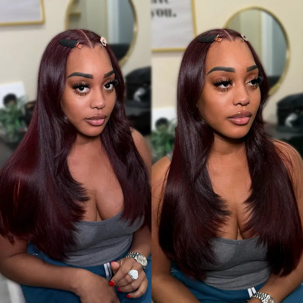 Dark Plum Color Straight Glueless Invisi Strap 360 Lace Frontal Wigs Tight & Neat