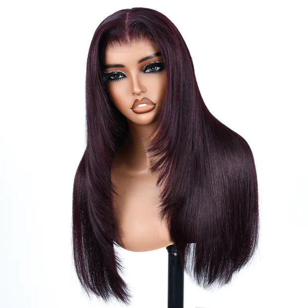 Salon Layered Cut Dark Plum Straight Wig Pull Go 13x4 Lace Tiny Knots Gluless Wig Siuts All Heads