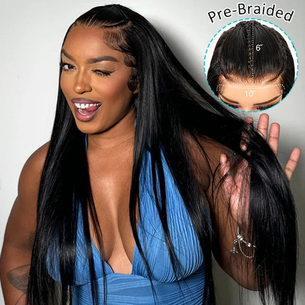 Pre-Braided Glueless Put On & Go 10x6 Parting Max Lace Frontal Wig Advance Baby Hair Pre-Everything Human Hair Braids Straight Hairstyle