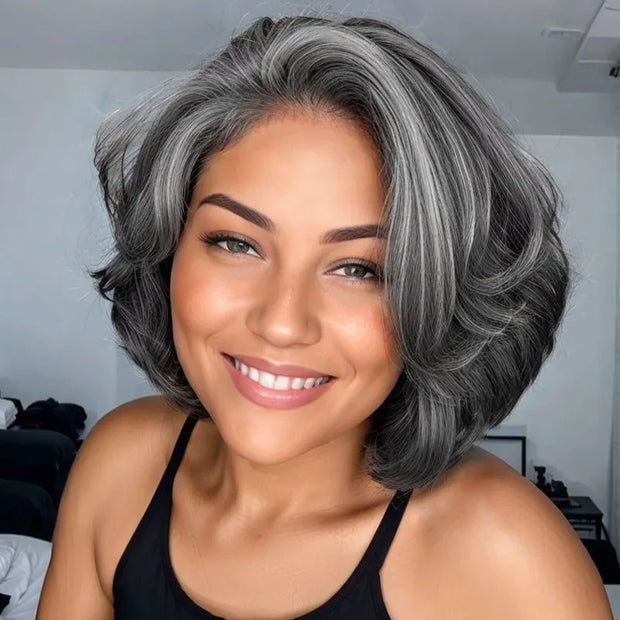 Salt and Pepper Short Bob Wigs Lace Front/ Closure Wigs Straight 10A Human Hair
