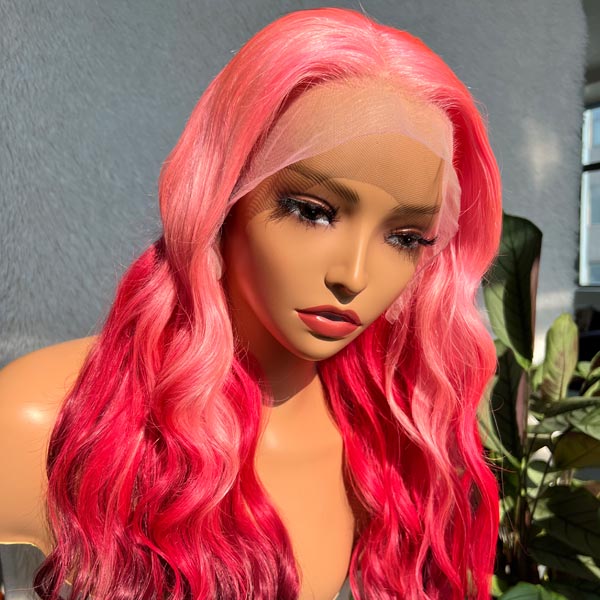 Pink Ombre Three Colors Body Wave 13x4 Lace Frontal Wigs Human Hair ...