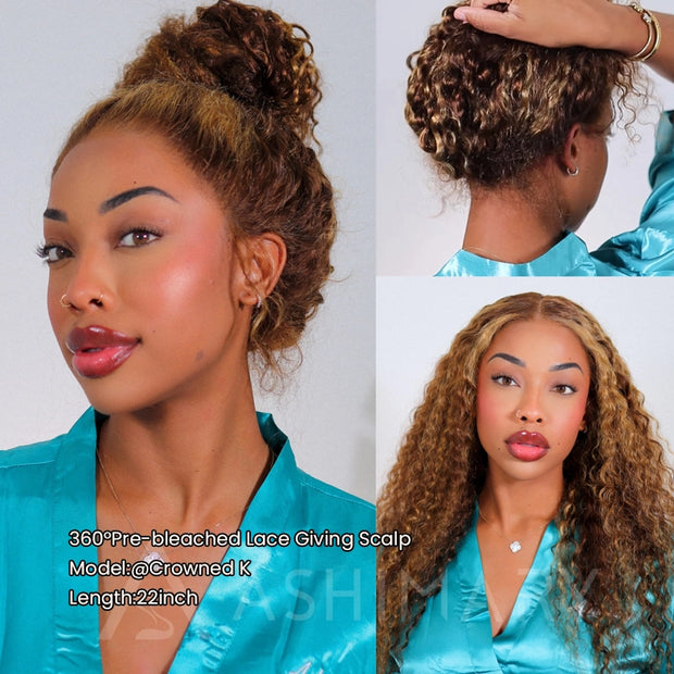 Water Wave Highlight Ombre Color Invisi Strap Snug Fit 360 Skin Lace Frontal Wig