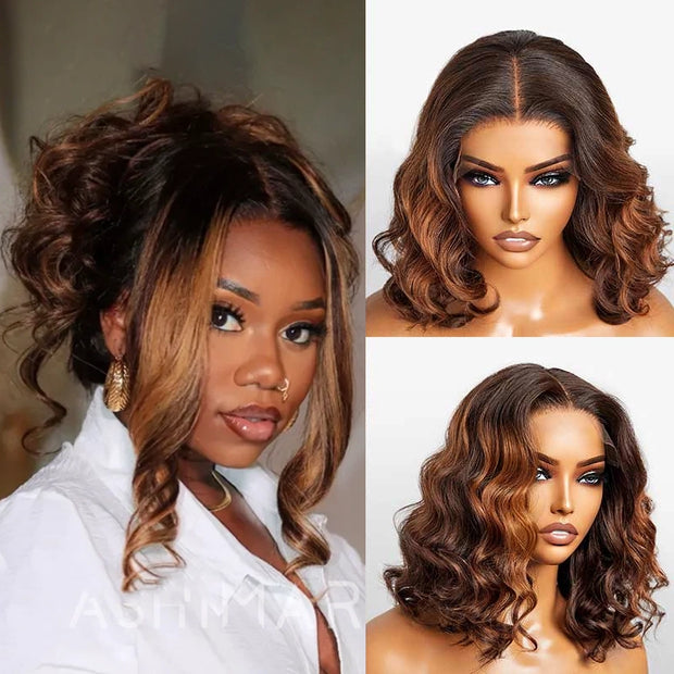 70% OFF| New Black Ombre Brown Highlight 3D Body Wave 360 Lace with Invisi Strap Pre Bleached & Plucked Wig