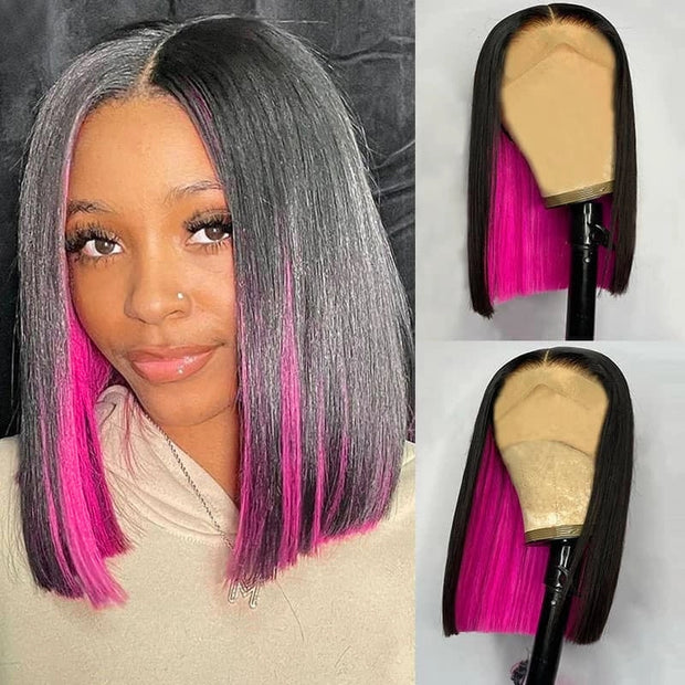 Hidden Color Bob Short Hair Peekboo Highlight Pink Transprant Lace Wig