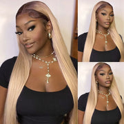 Ash Blonde Dark Root Straight 13x4 Transparent Lace Frontal Every Day Wear Pre Plucked Human Hair Wig