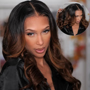 New Black Ombre Brown Highlight 3D Body Wave 360 Lace Frontal with Invisi Strap Pre Bleached & Plucked Human Hair Wig