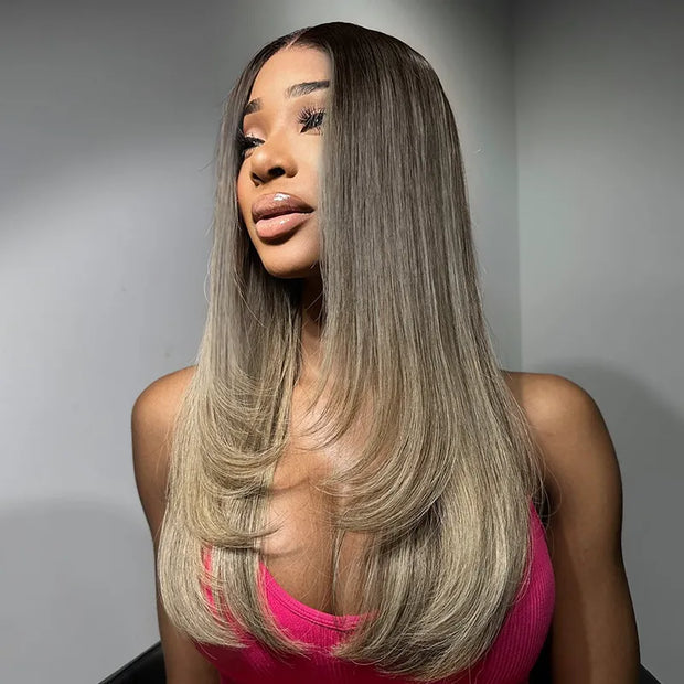 Straight Blonde Balayage with Dark Roots 13x4 Transparent Lace Frontal Clean Bleached & Pre-Plucked Wig Customized Color for Black Women