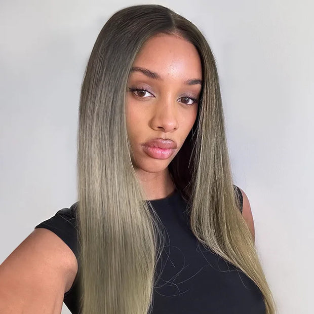 Straight Blonde Balayage with Dark Roots 13x4 Transparent Lace Frontal Clean Bleached & Pre-Plucked Wig Customized Color for Black Women