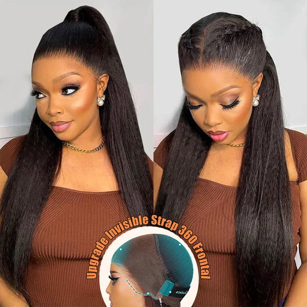 Light Yaki Straight Invisi Strap Snug Fit 360 Transparent Lace Frontal Bleached Knots Pre Cut Lace Wig Natural Color