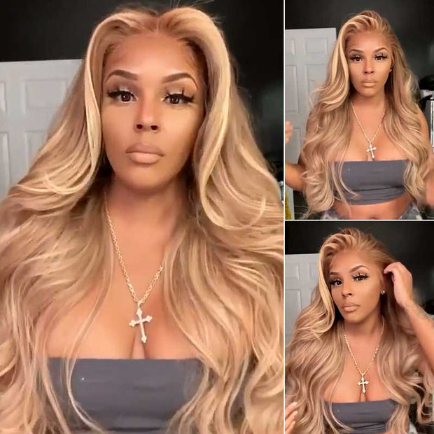 Flash Sale Customized Peachy Champagne with Blonde Highlight Wig Transparent Lace Front Wigs Ashimary Human Hair