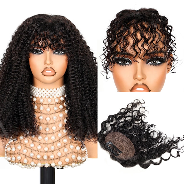 Curly Bangs Clip In Bang with Temples Hand-Tied Melt Lace 