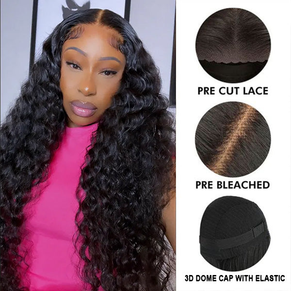 Pre Cut Lace Deep Wave Glueless Wig with Pre Plucked Hairline & Bleached Knots