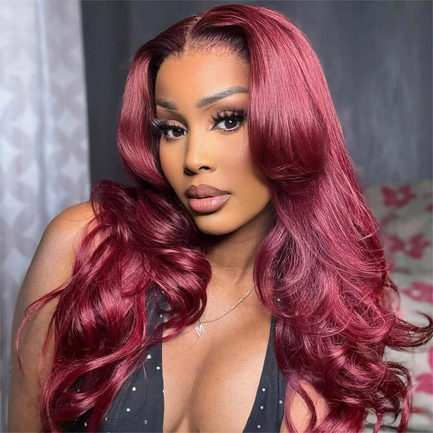 Salon Hairstyles Layered Cut 99J Burgundy Body Wave Wig 13x4 Transparent Lace