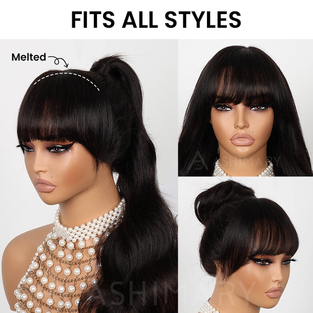 Ashimary Hand-Tied Skin Lace Natural Black Straight Clip In Fake Bangs with Temples Human Hair Extension