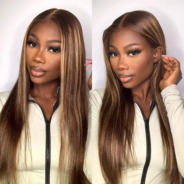 Flash Sale Brown Highlight Color Straight 13x6 Lace Frontal Wig Pre Bleached & Pre Plucked