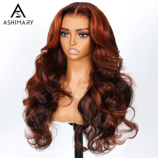 Salon Layer Cut Ginger Highlights On Brown Hair 360 Lace Frontal Invisi Strap 