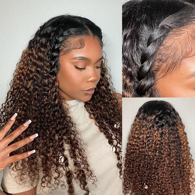 Glueless 360 Invisi Strap Upgrade Cap Lace Frontal Wig Brown Ombre With Black Roots